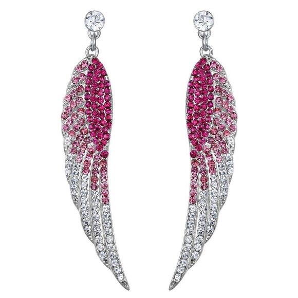 Silver with Pink Sapphire and Diamond Austrian Crystal Angel Wing Post Earrings - Picture 1 of 4